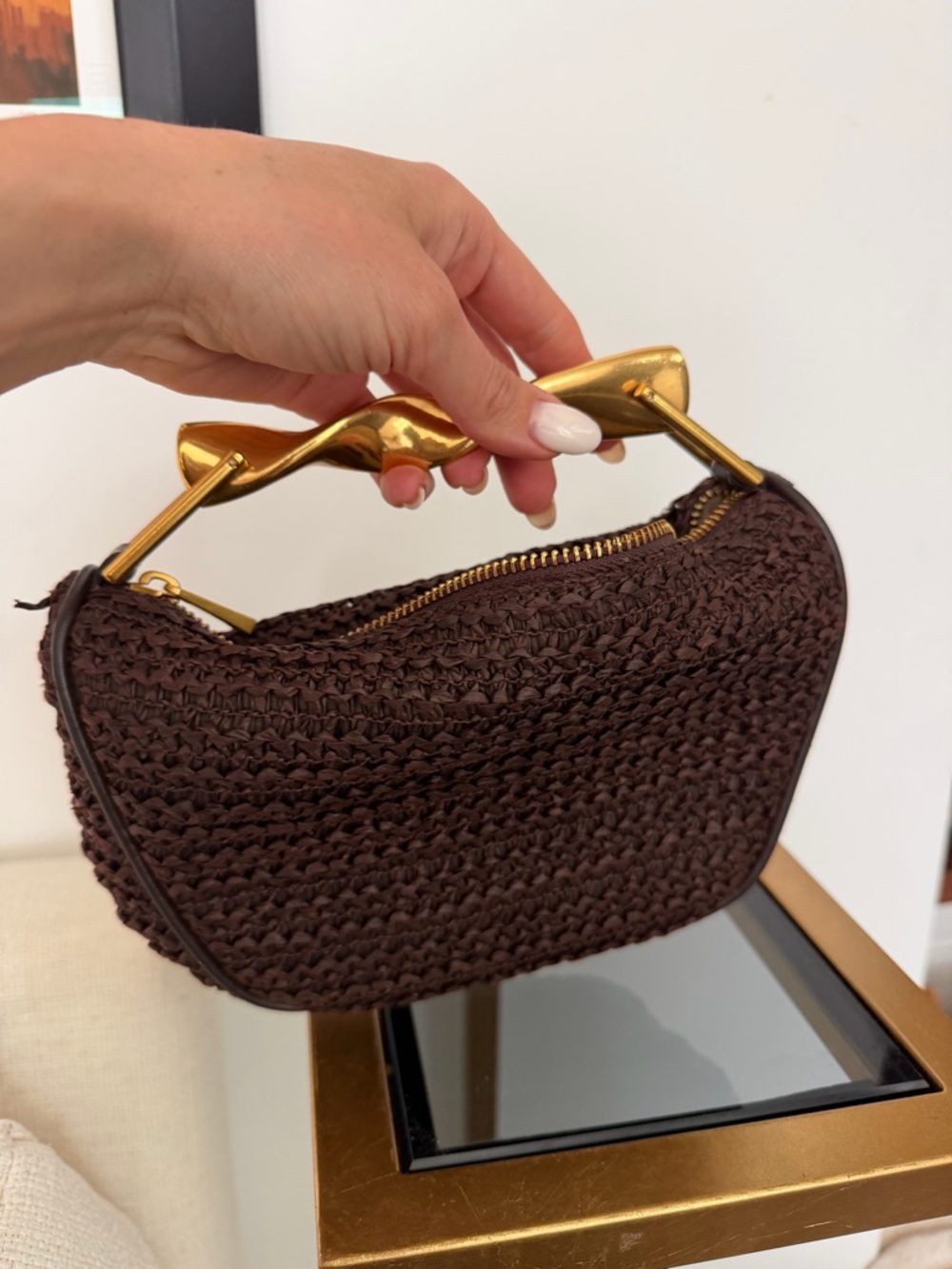 Zara Woven Chocolate Brown Handbag with Gold-tone Handle
